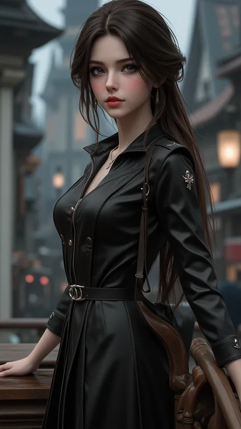 Disney style，A captivating female character wearing a black leather coat，Wear a long sleeve costume reminiscent of yesteryear，skirt，smokey eye， Sexy Lips ，Fine Tailor 1.5，