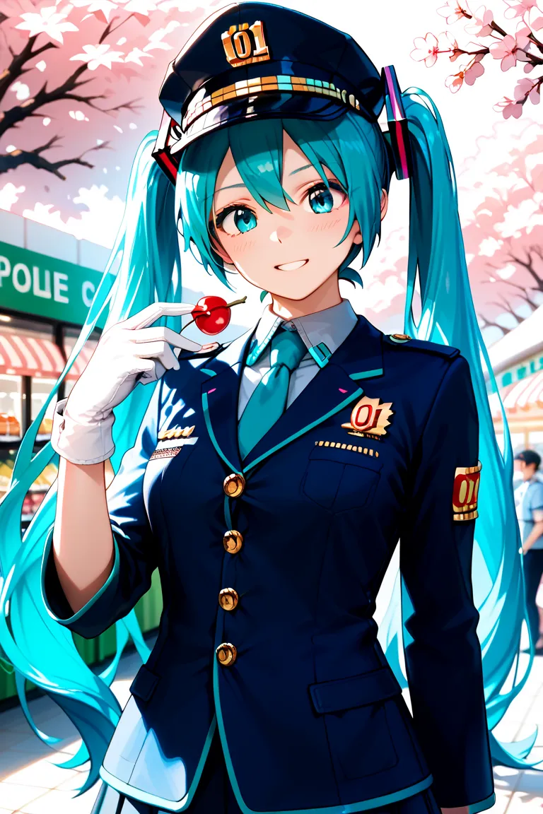 
 (TOP QUALITY), (8k detailed), ( masterpiece), masterpiece , 1 person , woman ,  Hatsune Miku ,  turquoise hair  , twin tails , smile ,  create a perfect body line  , Hot body ,  exact finger , Light effects ,  Hatsune Miku , scene  ,  (Japanese policewom...