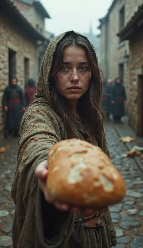 An ultra-realistic point-of-view image (throw), capturing the first-person perspective of you extending a loaf of bread to a miserable and hungry young woman in a grim medieval setting. The young woman's face is covered in dirt, her tired and sad eyes refl...