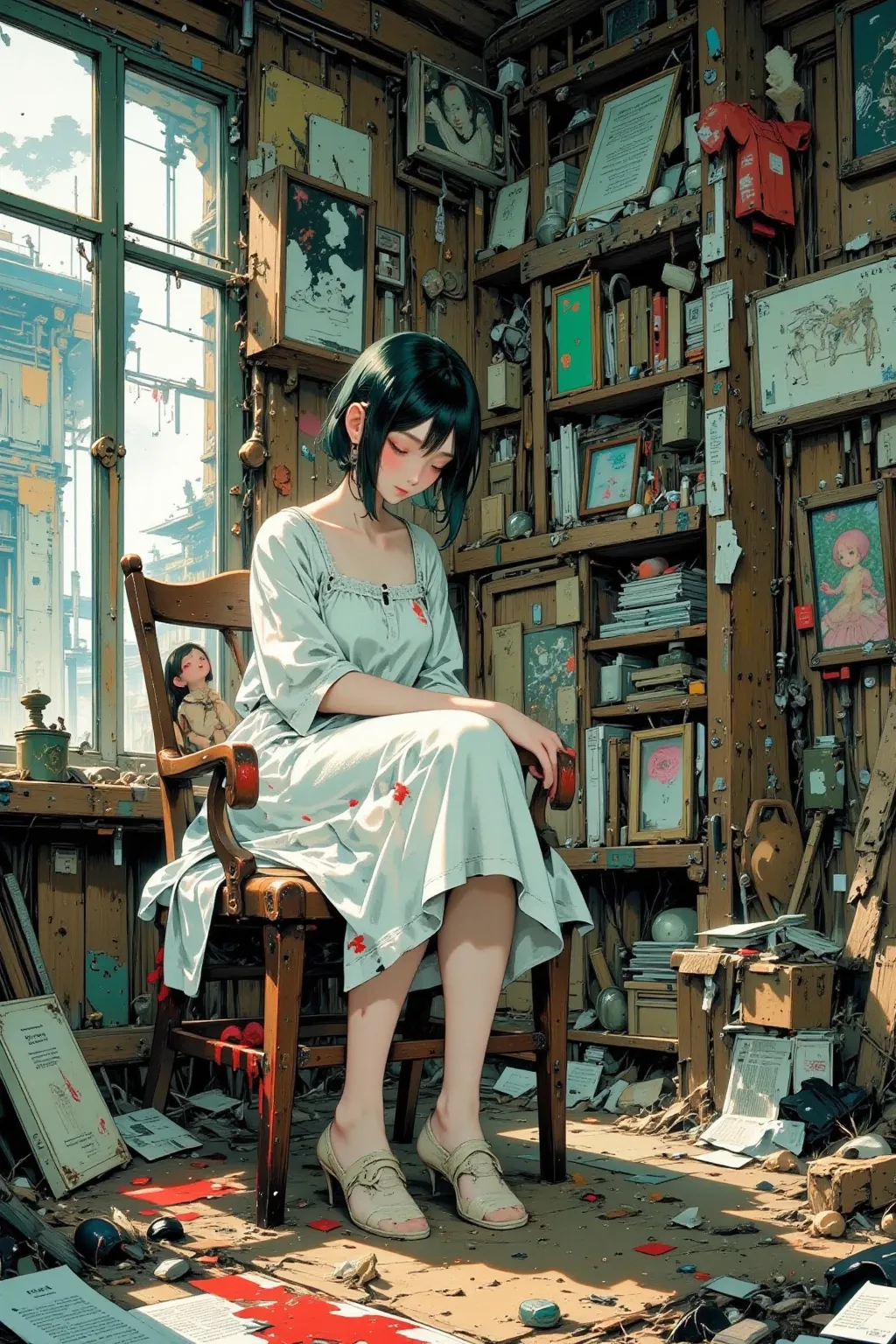 paintings drawn in ultra-fine detail in a messy room by the window、Woman sitting on wooden chair,  Hair Colorは青green,beautiful bob cut that reaches the shoulders,  height 170cm、A simple white dress with lots of blood on it,Drama-emphasized contrast enhance...