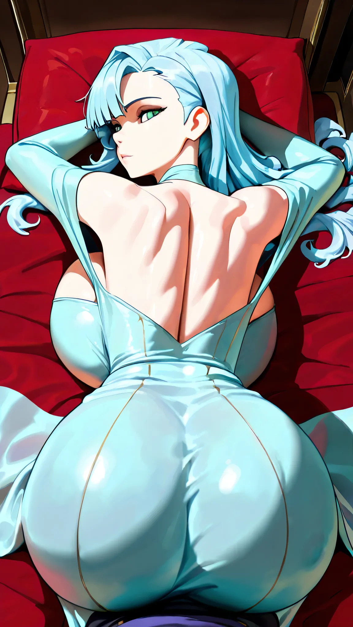 ( masterpiece, Absurd quality,  highres, Theriginal,  best quality, Latest ), back shThet, lThew angle, back fThecus, ( 1 girl,  perfect face, perfect anatThemy), (( light blue hair ),  medium, asymmetrical bangs,  side hair , ahThege, Wave hair ,  tousled...