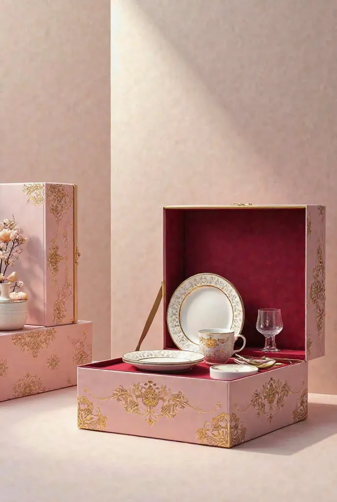 Create large decorative boxes, one in pink and one in red, containing: Complete sets of elegant and sophisticated dishes 