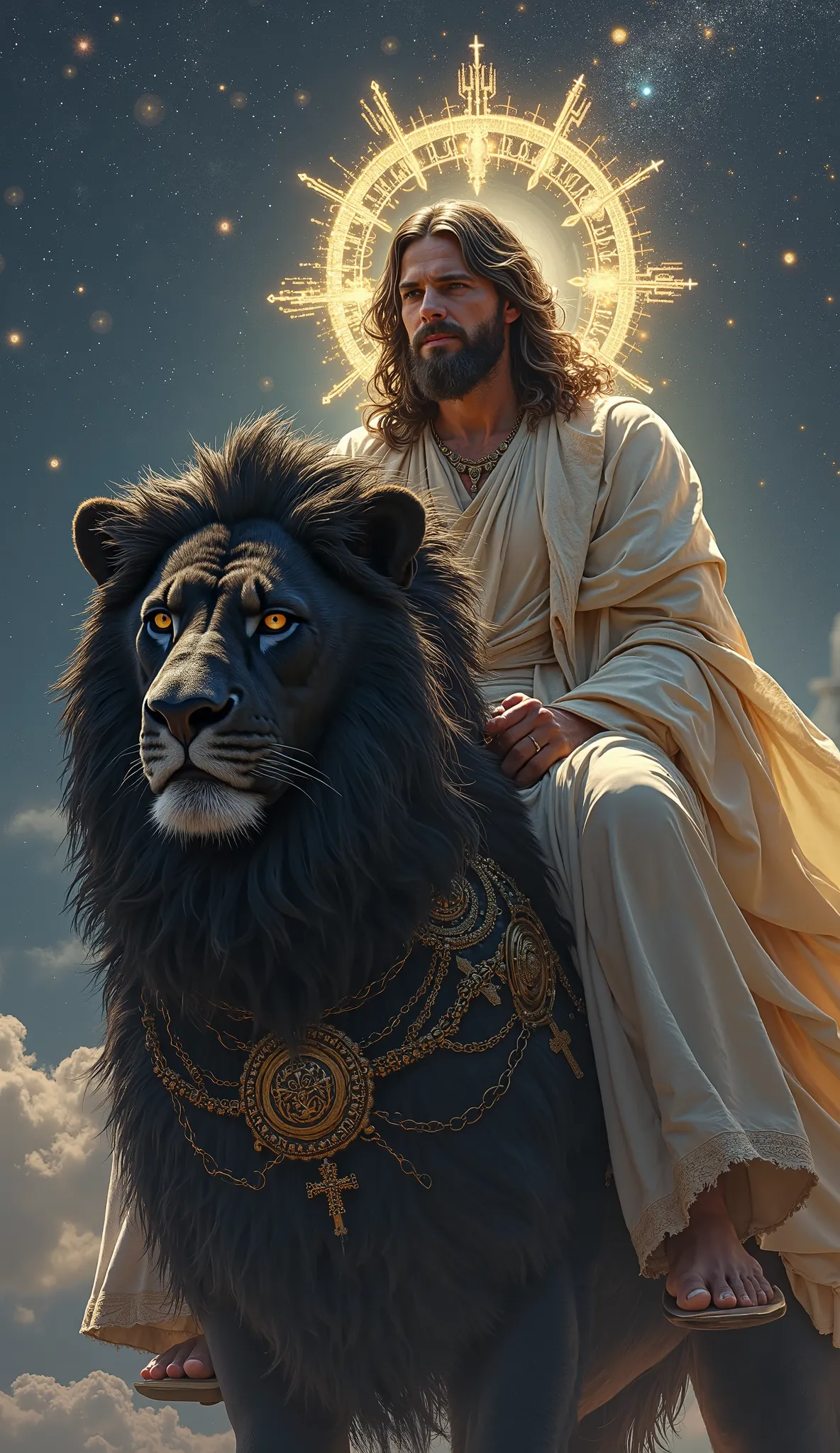 Jesus sits on a black lion decorated with golden Christian symbols.  It is night and the stars are twinkling 