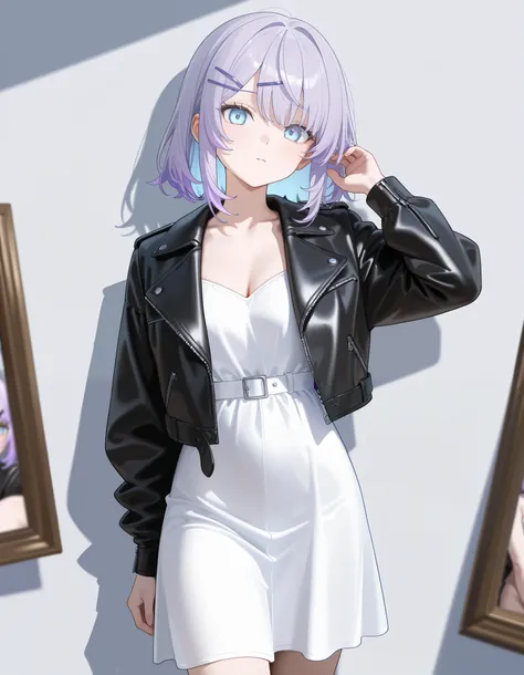 shortcuts, Purple Hair, light blue inner color, Light blue eyes,  standing picture,  hairpins, leather jacket, white dress, wise