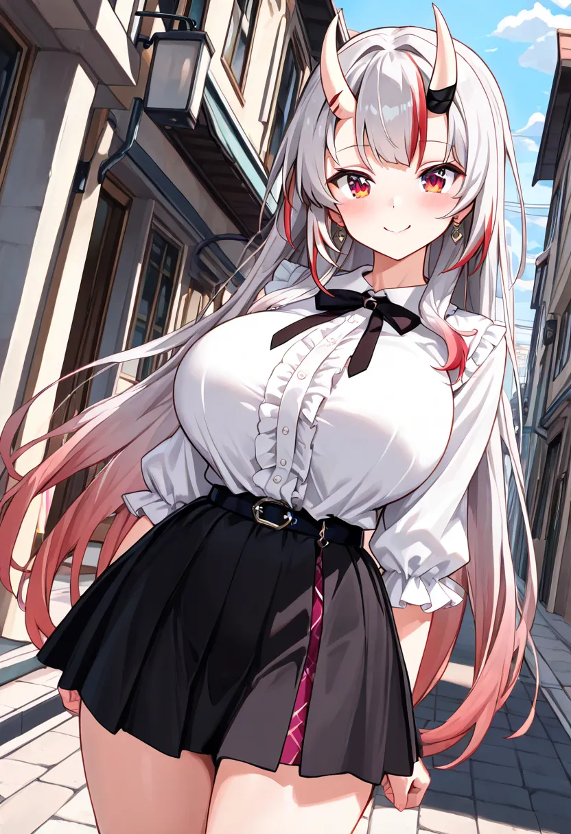 (TOP QUALITY , 8k , masterpiece , incredibly absurdres , perfect body , super detailed skin , highly detailed eyes and face , 1 woman ) ,  nakiri ayame , Silver Hair , red eyes , demon horn , smile ,  will be happy , (  Jirai fashion  ,  white shirt with r...