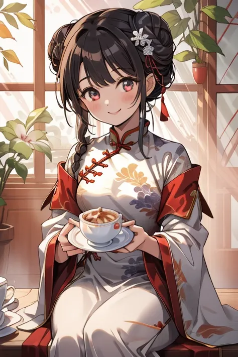 masterpiece,TOP QUALITY,Super Detail,8k, girls on the left,Black Braided Bun Hair　white accessories　 red china clothes　up　 cute smile