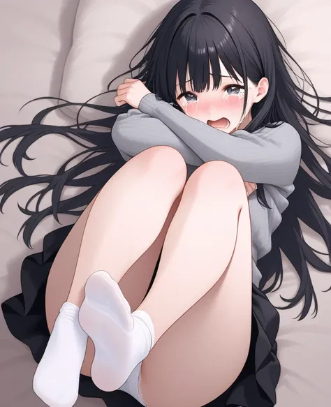  girl with long black hair、 crying face、 is screaming、Grey Sweaters、black skirt、white underwear、Being held by the ankle 、both hands are being held down