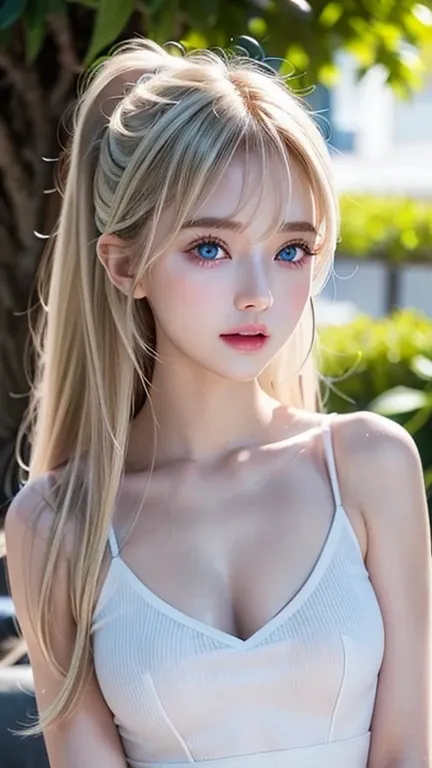 Extremely beautiful white girl with the ultimate unrivaled blonde、 exceptional sexy beauty 、beautiful sexy young little woman with a beautiful gentle and bright expression 、 sexy fresh look 、Perfect beautiful pretty face、Super long ponytail、 long bangs bet...