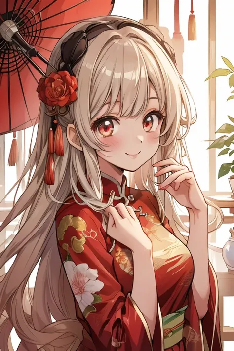 masterpiece,TOP QUALITY,Super Detail,8k, girls on the left,red china clothes　up　 cute smile