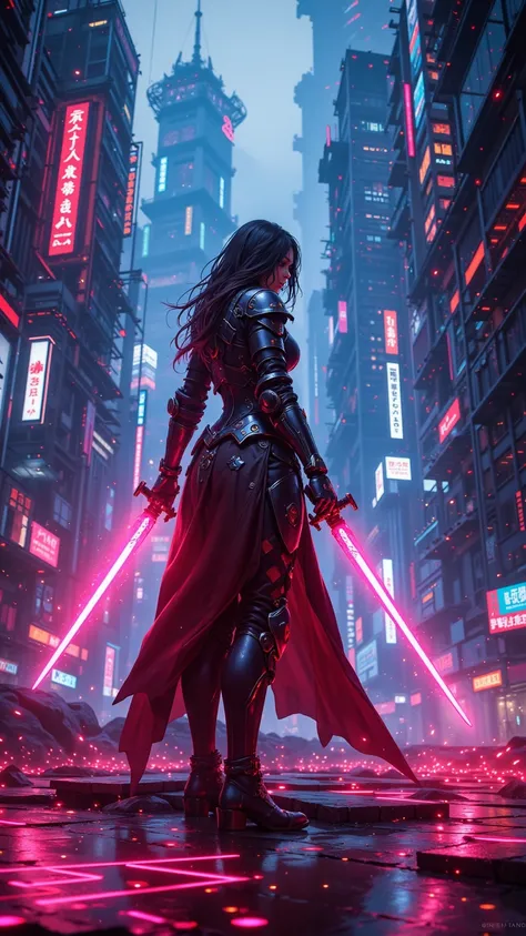 Explore a futuristic world，A female knight holding a glowing sword，standing in a cyberpunk city，Neon and Holographic display intersect。This scene captures the fusion of advanced technology and mysterious aesthetics，creating a captivating and captivating at...