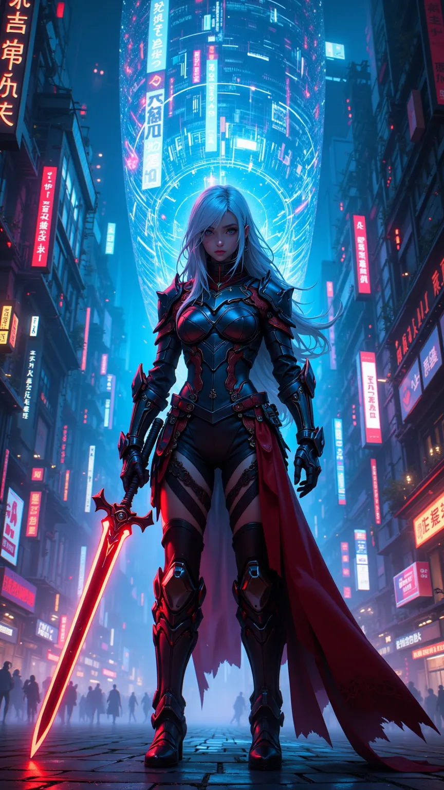 Explore a futuristic world，A female knight holding a glowing sword，standing in a cyberpunk city，Neon and Holographic display intersect。This scene captures the fusion of advanced technology and mysterious aesthetics，creating a captivating and captivating at...