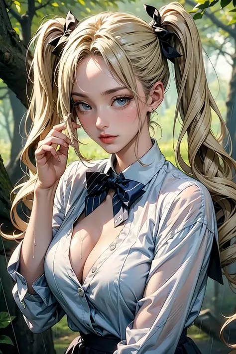  Japanese、 model、Blonde Twin Tails、white shirt school uniform、 bow tie、cleavage、 in the woods、 wet in the rain 