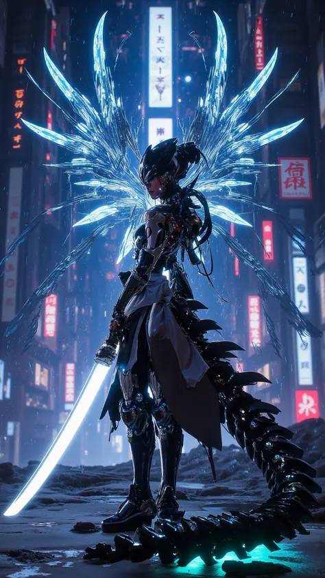 Explore a futuristic world，A female knight holding a glowing sword，standing in a cyberpunk city，Neon and Holographic display intersect。This scene captures the fusion of advanced technology and mysterious aesthetics，creating a captivating and captivating at...