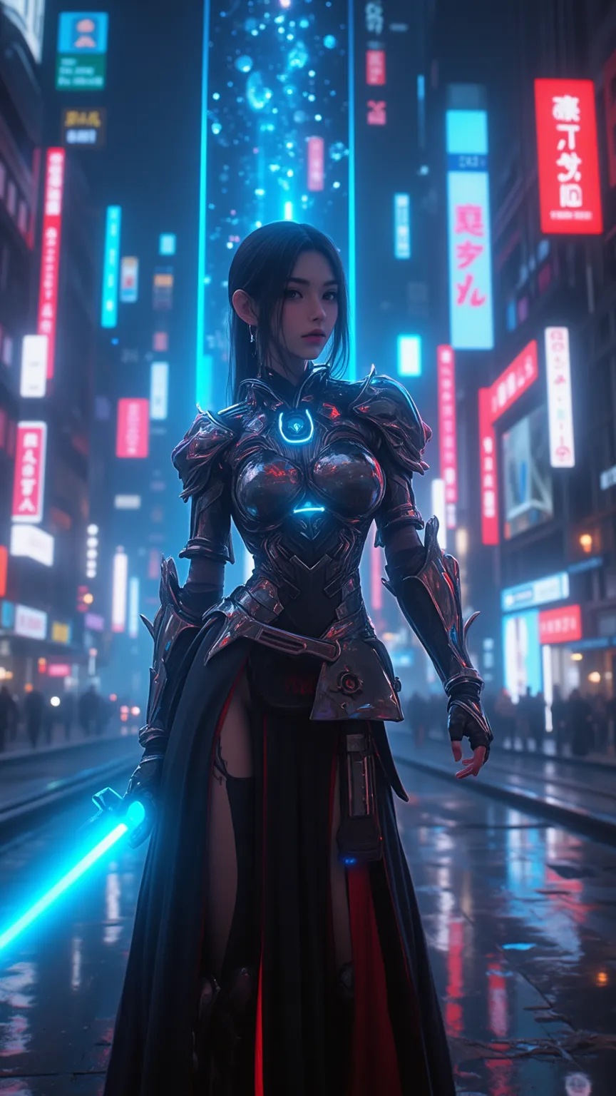 Explore a futuristic world，A female knight holding a glowing sword，standing in a cyberpunk city，Neon and Holographic display intersect。This scene captures the fusion of advanced technology and mysterious aesthetics，creating a captivating and captivating at...