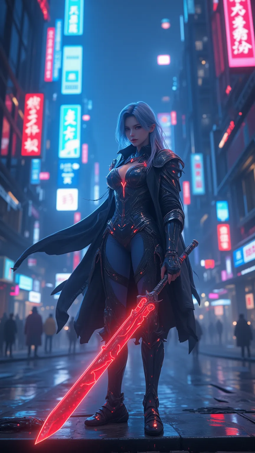 Explore a futuristic world，A female knight holding a glowing sword，standing in a cyberpunk city，Neon and Holographic display intersect。This scene captures the fusion of advanced technology and mysterious aesthetics，creating a captivating and captivating at...