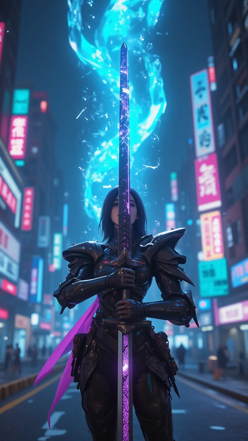 Explore a futuristic world，A female knight holding a glowing sword，standing in a cyberpunk city，Neon and Holographic display intersect。This scene captures the fusion of advanced technology and mysterious aesthetics，creating a captivating and captivating at...