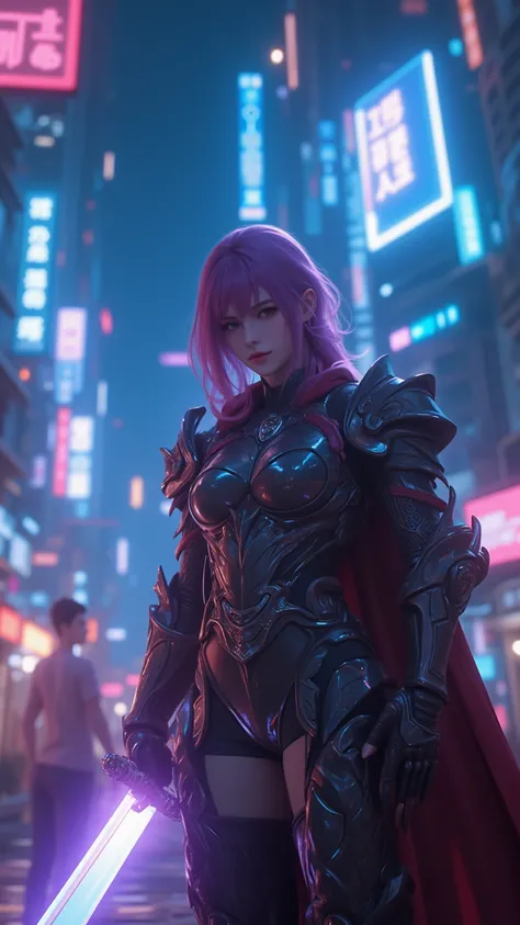 Explore a futuristic world，A female knight holding a glowing sword，standing in a cyberpunk city，Neon and Holographic display intersect。This scene captures the fusion of advanced technology and mysterious aesthetics，creating a captivating and captivating at...