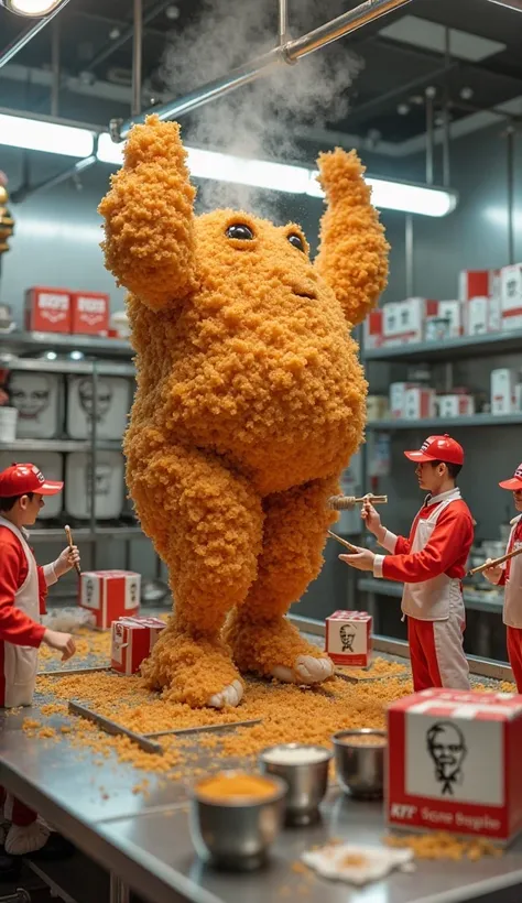 "A surreal miniature construction scene set inside a vibrant KFC restaurant kitchen. Tiny workers, dressed in red and white uniforms with KFC-branded caps, are carefully building a gigantic piece of crispy fried chicken on an industrial workstation. The go...