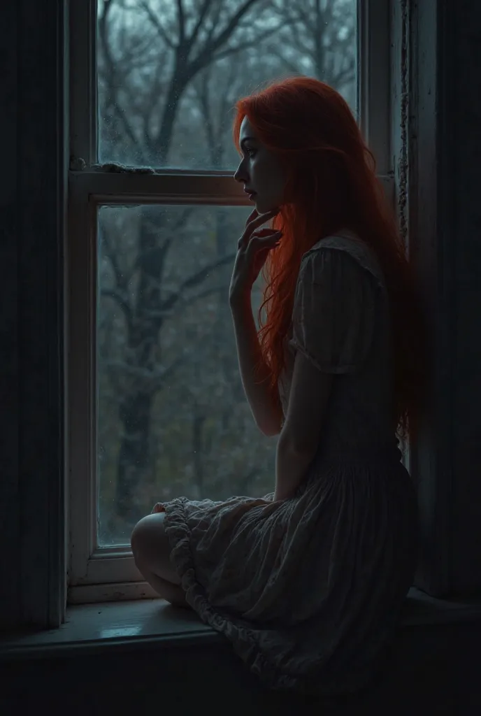   sits on the windowsill by the window . outside the window night.dark.Red long hair.Sad gray eyes.A hand breaks my chin.There is a strong wind outside the window.The shadows of the trees seem ominous. knee-length dress .