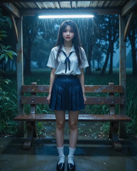 Rain poured relentlessly, soaking her through. She wore the standard Thai female university student uniform, consisting of a white short-sleeved button-up shirt made of a lightweight, breathable cotton fabric. The shirt clung to her body, its fabric becomi...