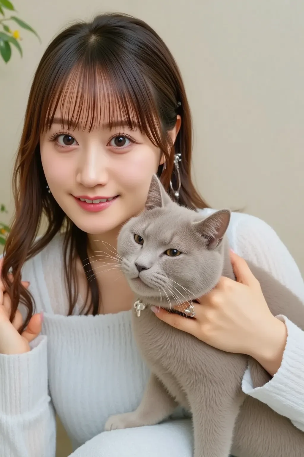 "A cute Japanese woman wearing an adorable dress is gently petting an angry, hissing cat that is baring its teeth. She is trying to soothe the cat with a kind expression. The cat's fur is slightly raised, and its ears are flattened, showing its irritation....