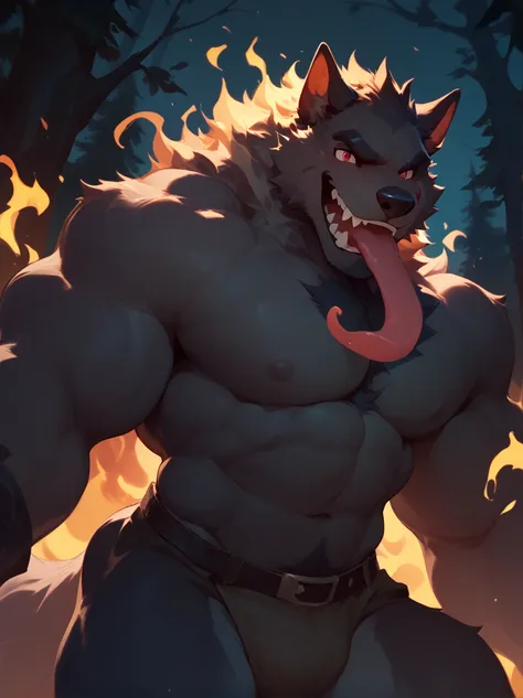 by null-ghost,   masterpiece,    best quality  ,   furry, wolf, Two tons of fur, ( black fur :0.8), Broad shoulders, Narrow waist, teeth, ghost, ,   chest hair,night，forest， red eyes，Smile，Eyes glow，Long tongue，ghost fire ring
BREAK Score_9_up ,Score_8_up ...