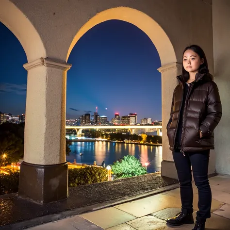  1girl , night city , Rain ,mantel ,Hands in Pockets