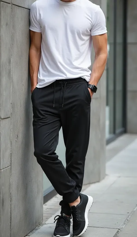 *"A high-quality, full-body digital image of a stylish athletic man standing in a modern urban environment, leaning casually against a concrete wall in the same relaxed pose as described earlier. The focus remains on his black jogger pants, made of high-qu...