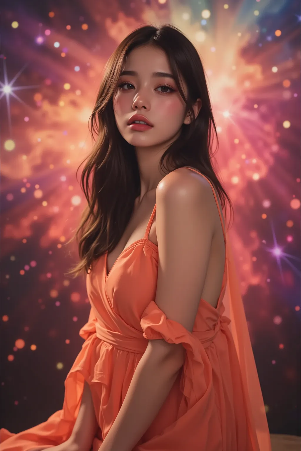  highdefinition images 、One beautiful girl is standing in front of a colorful nebula ,Shooting Stars Pass by (( heart background  )), (  smokey eye makeup  ), is wearing an orange dress ,  photos ,  perfect eyes ,  Perfect Hands, Curved waist , Highly deta...