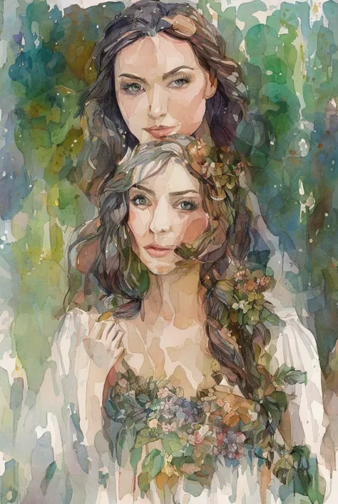  a lady, face, nature, illustration , paint,  watercolor, Soft color watercolor, Clipart  