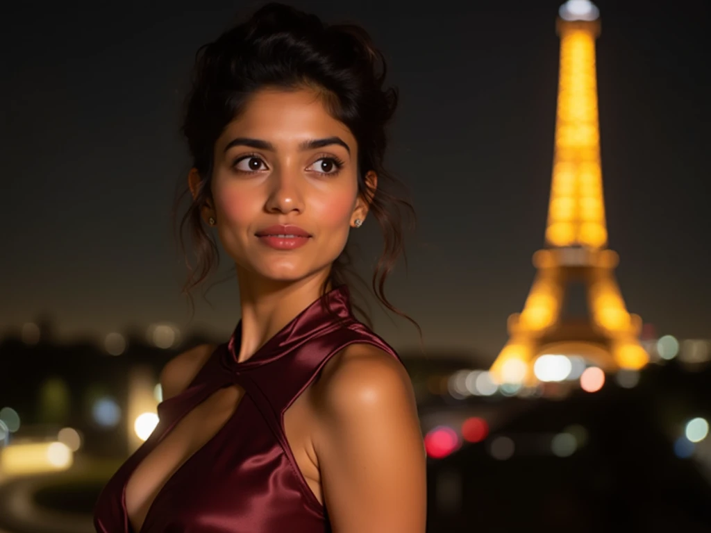 (View from side:1.2), indian 18 year old girl, (full body in picture), ((dynamic pose)), ((looking at viewer:1.4)), (love gaze eyes), (eye contact:1.4), symmetrical eyes, ((in satin sexy dress, ((side slit cutout dress)), in paris, eifel tower in distant, ...