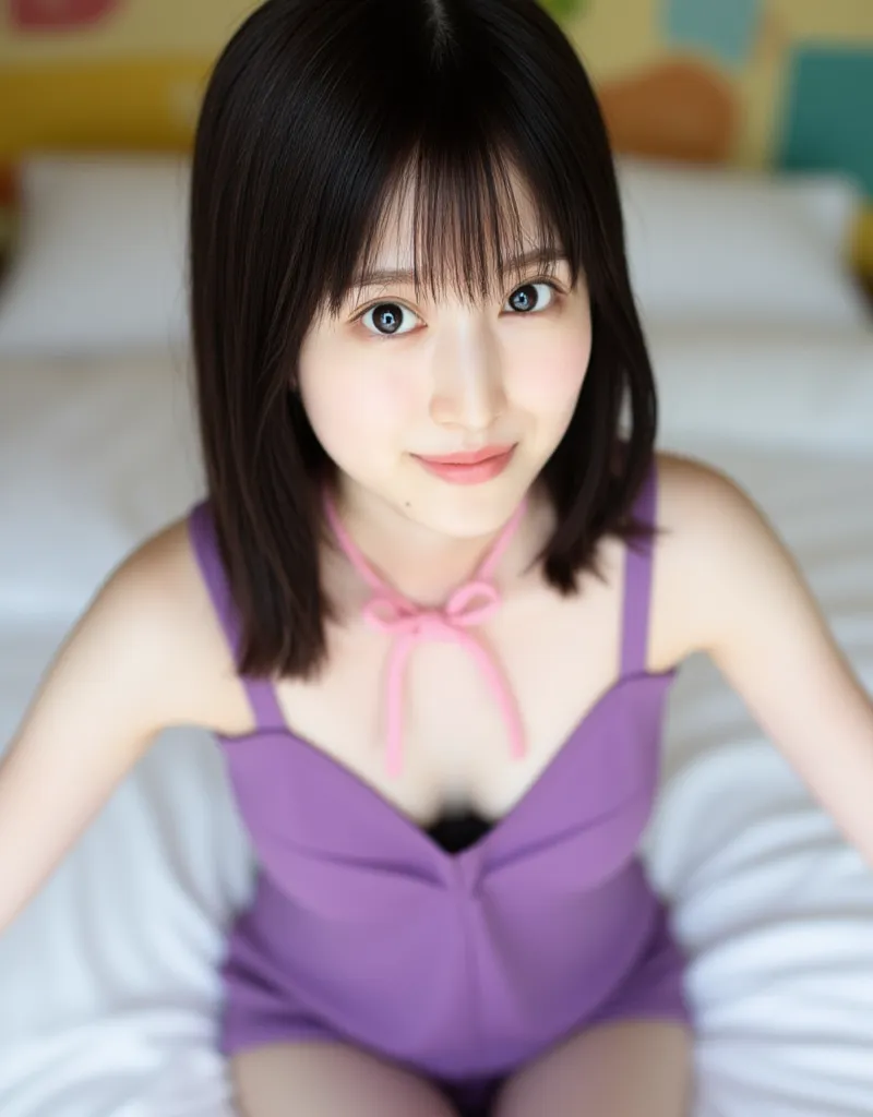 Facial close-up, High-angle, Riko, a portrait of a young Asian woman sitting on a bed. She has semi-long dark straight hair and is wearing a purple tank top with a pink ribbon tied around the neck. snow-white body, cleavage. Her arms spread out to both sid...