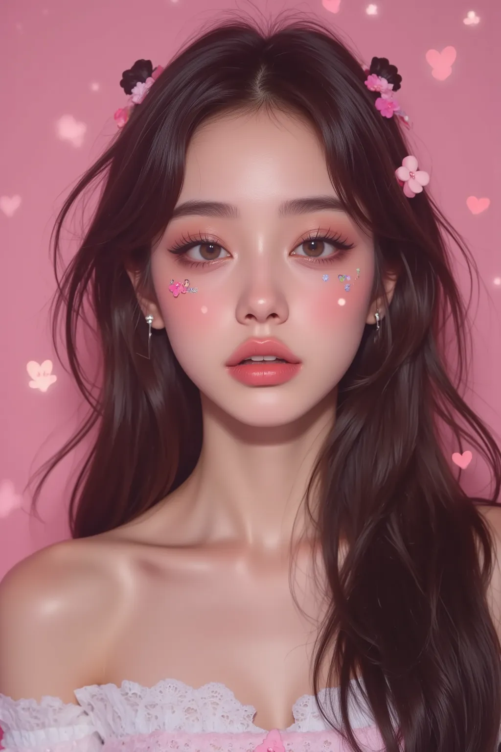 8k, masterpiece, highest quality, Korea's Beautiful Women, kawaii style, pink background, heart decorations, paw prints, space buns hairstyle, pink hair clips, bright makeup, colorful eyeshadow, strawberry icon, coffee cup icon, dreamy expression, soft lig...