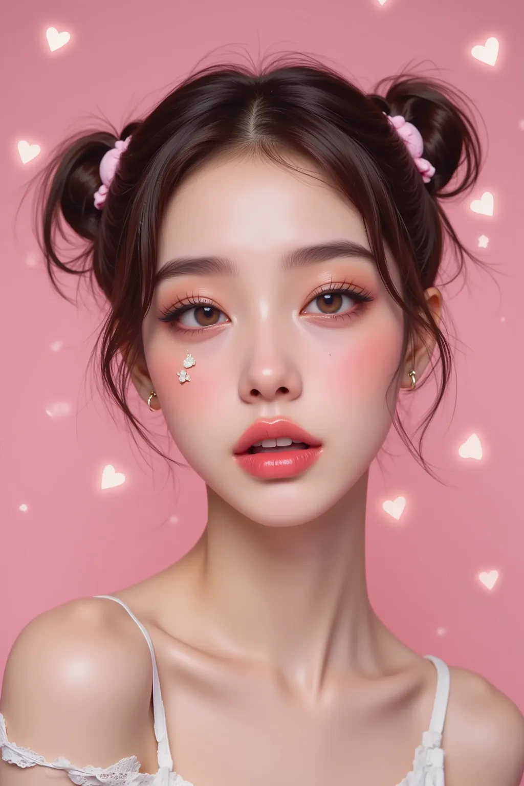 8k, masterpiece, highest quality, Korea's Beautiful Women, kawaii style, pink background, heart decorations, paw prints, space buns hairstyle, pink hair clips, bright makeup, colorful eyeshadow, strawberry icon, coffee cup icon, dreamy expression, soft lig...