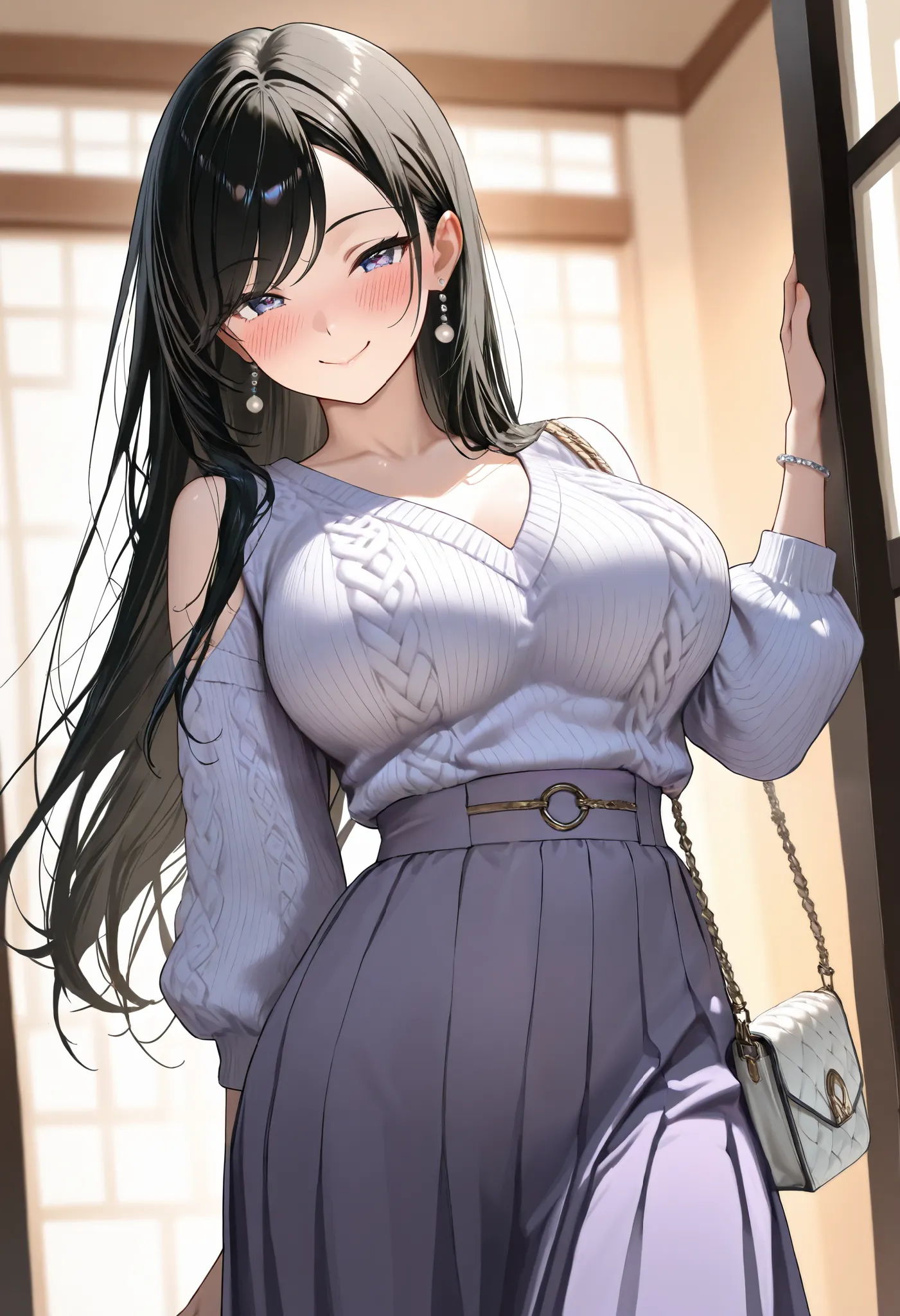 (best quality, masterpiece, ultra detailed, high resolution), Beautiful 8K CG artwork, Enriched photography, anatomically accurate body, depth of field,  1girl, elegant yet sexy girl, (long hair, black straight hair, swept bangs), 
round large breasts, bre...