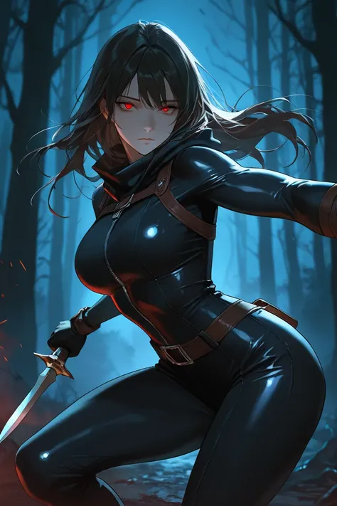 beautiful girl, long dark hair, attractive, top quality, masterpiece, expressionless face, assassin suit, dark forest background, cinematic shot, dark ambience, villain, evil, night time, dynamic pose, mysterious, holding a dagger