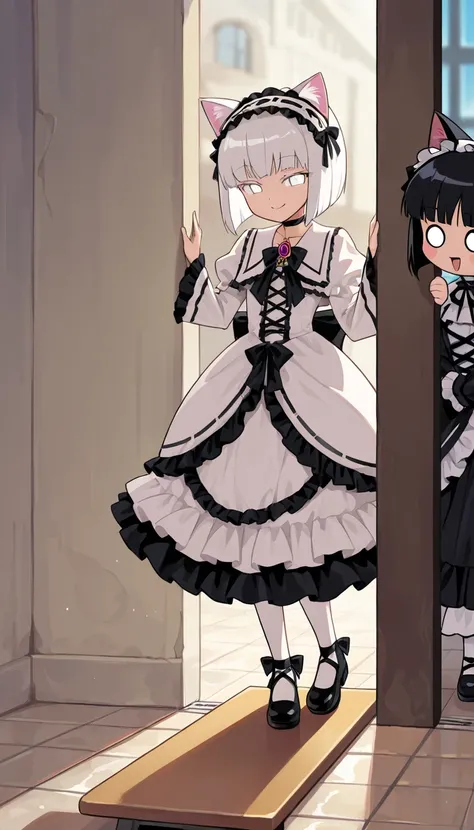 score_9, score_8_up, score_7_up,source_anime, 2girls, (Excessive lace and frills black and white gothic lolita dress and cat ear headdress:1.2), (circle eyes:1.2), (white eyes:1.2), (cat ears:1.5), (Masterpiece:1.0), 
(Best Quality:1.0), (amazing quality:1...