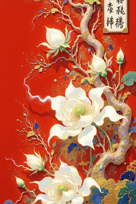 There's a red door，There are windows and a tree, This is an ultra-detailed painting inspired by Yun Shouhei, trending on pixabay, Cloisonnism,  Chinese Style,  Oriental Wallpaper , with ancient Chinese aesthetics, Qing Dynasty,  traditional Chinese , Chine...