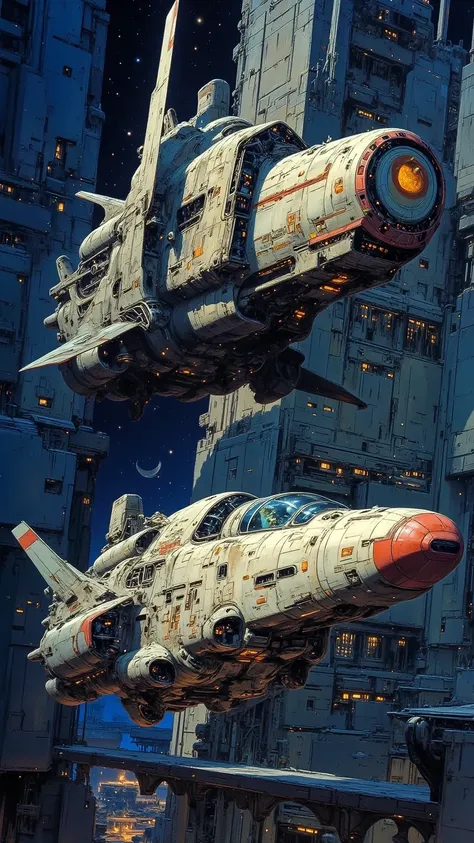 1spaceship,(((rectangular shape))) ,  Masterpiece by Craig Mullins, craig mullins style, retro sci-fi spaceship, by Kilian Eng, by Chris Moore, inspired by Josan Gonzalez, beeple and jean Giraud, background cyberpunk spaceship, beautiful sci fi art, inspir...