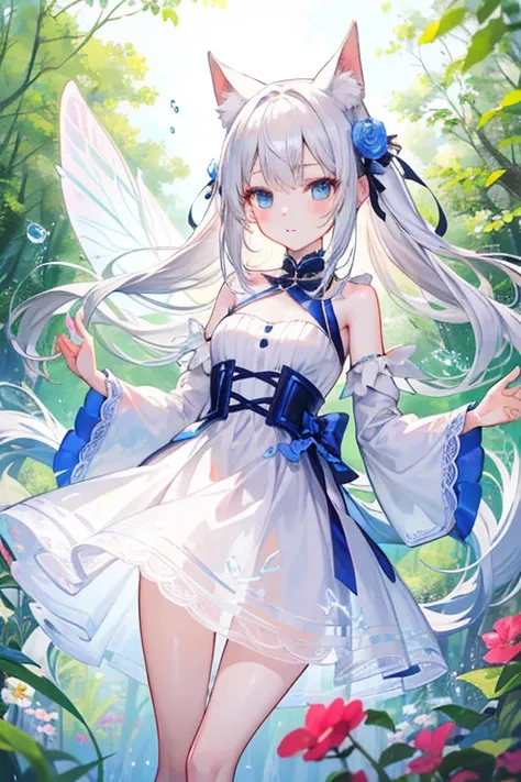 There is a beautiful spring deep in the forest。colorful and beautiful flowers々々It's transparent and clear。small beautiful fairies are flying around spring。playing with fairies in the middle of spring、it's a girl with silver hair and blond hair、has pure whi...