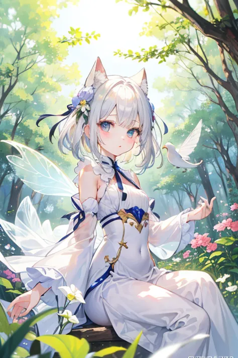 There is a beautiful spring deep in the forest。colorful and beautiful flowers々々It's transparent and clear。small beautiful fairies are flying around spring。playing with fairies in the middle of spring、it's a girl with silver hair and blond hair、has pure whi...