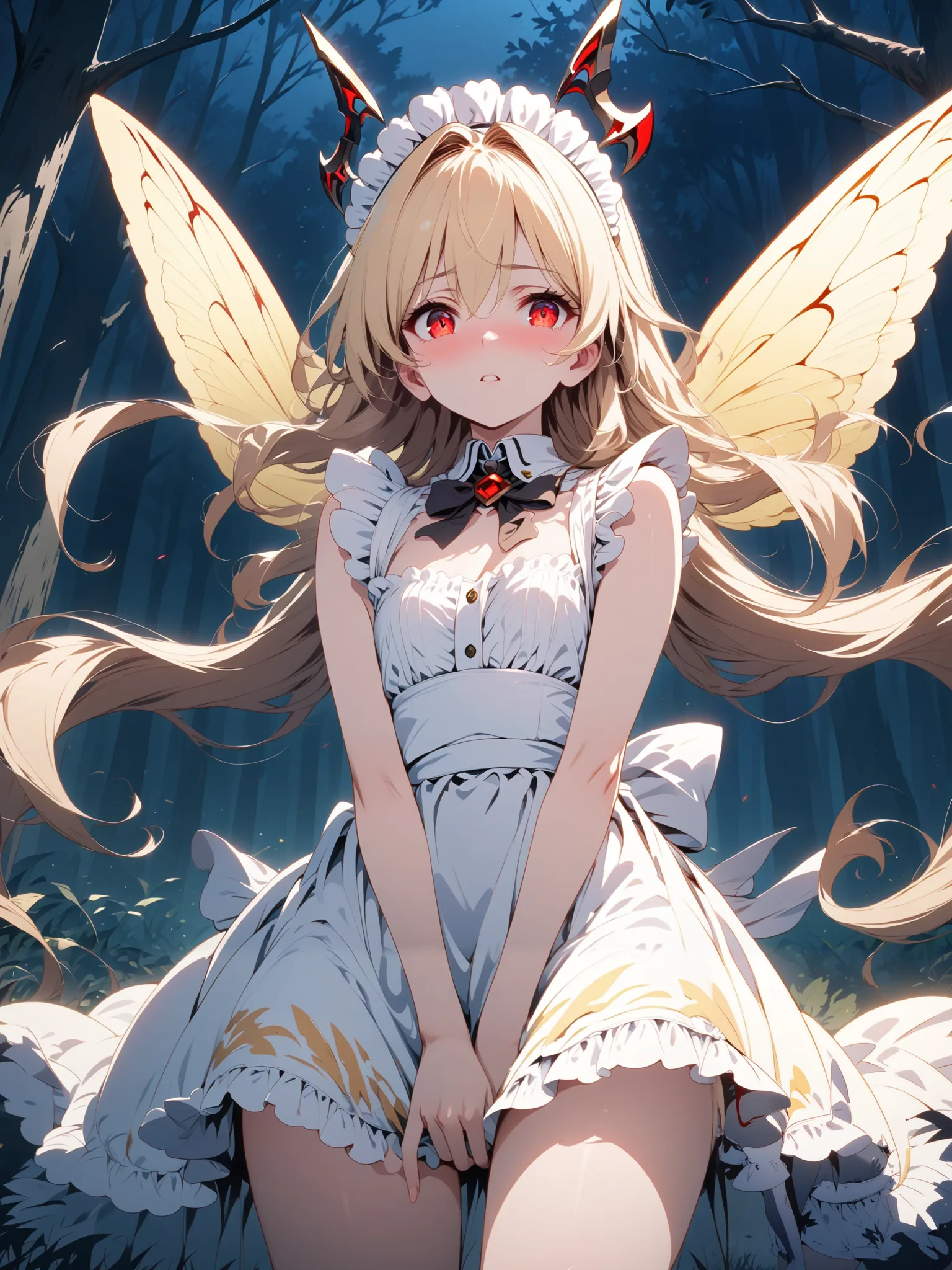 sleeveless maid, blond hair flutters in the wind, Red Eyed Girl, Alone, The background is in the dense forest at night,  alert , miniskirt,  knee shot, corruption,  Shade, Maid Head Accessory, (NSFW:0.6),