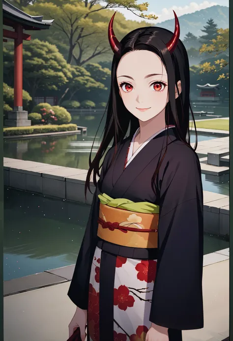 score_9, score_8_up, score_7_up, (Demon Slayer, Kimetsu no yaiba style), (nezuko kamado), (upper body, front view), (1girl, solo), (black long hair, straight hair, forehead), red eyes, (red demon horns:1.4), (looking at viewer, smile:1.1), kimono, (standin...