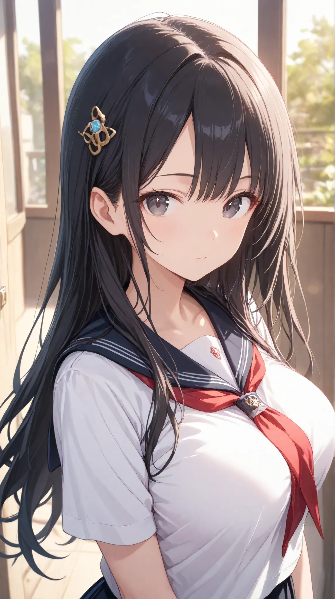 masterpiece,large breasts, long hair, (black hair) , bangs, （1girl1.5）, 青リボンhair ornament、（ 1.5）, 18 years old、breast focus、looking at viewer，Whole Head , outside,Seifuku,