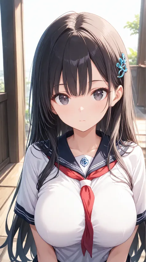 masterpiece,large breasts, long hair, (black hair) , bangs, （1girl1.5）, 青リボンhair ornament、（ 1.5）, 18 years old、breast focus、looking at viewer，Whole Head , outside,Seifuku,