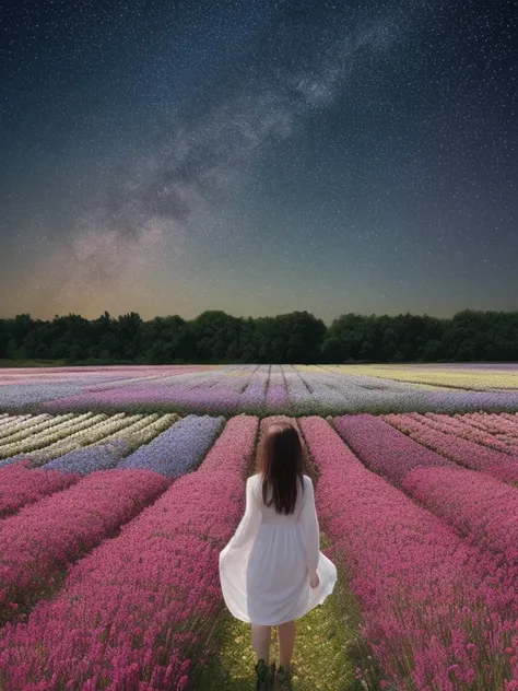 There is a girl standing in a flower field looking up at the sky, a girl standing in a flower field, a girl walking in a flower field, lost in a dreamy wonderland, standing in a flower field, fantastic digital painting, the sky gradually clears, the starry...