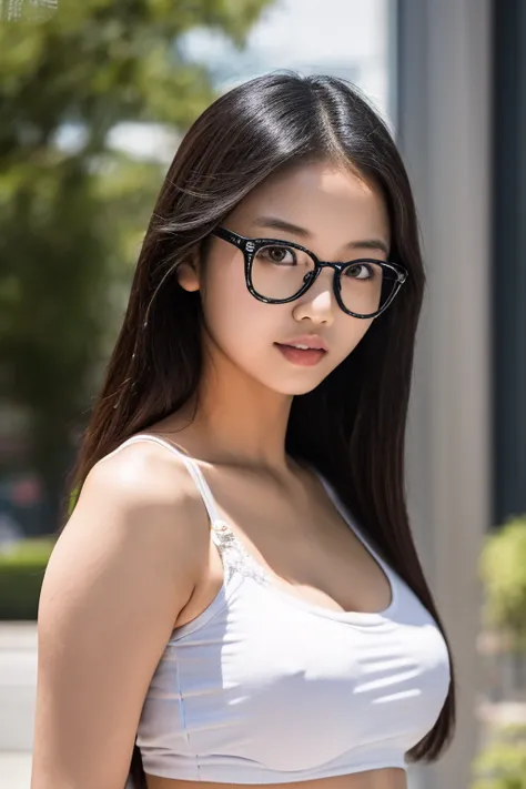 a woman  glasses and a t-shirt with  posing in a white top and jeans,  glasses and a t-shirt with , Korean girls, gorgeous young  Korean woman , beautiful south  Korean woman , beautiful  asian girl , beautiful young  Korean woman , White glasses, Thick gl...