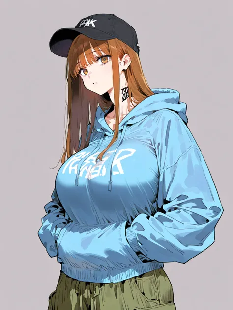 park, 1girl, Alone, large breasts,  long hair , straight hair,  brown hair, Oversized hoodie, Upside down snapback cap, Thick neck chains, Loose fit cargo pants