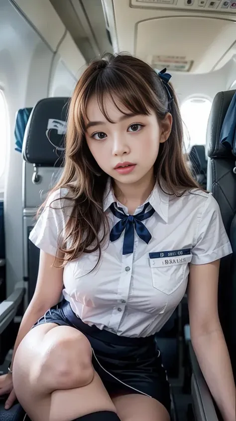 (  Top Quality ,  masterpiece, 16k,   Super Detail ,   beautiful skin,    professional lighting  )    girls on the left  ,、｛(    stewardess uniform  , wearing a white dress shirt ,   red ribbon、  open shirt、  navy blue pencil skirt   、  face up)}、(    on t...