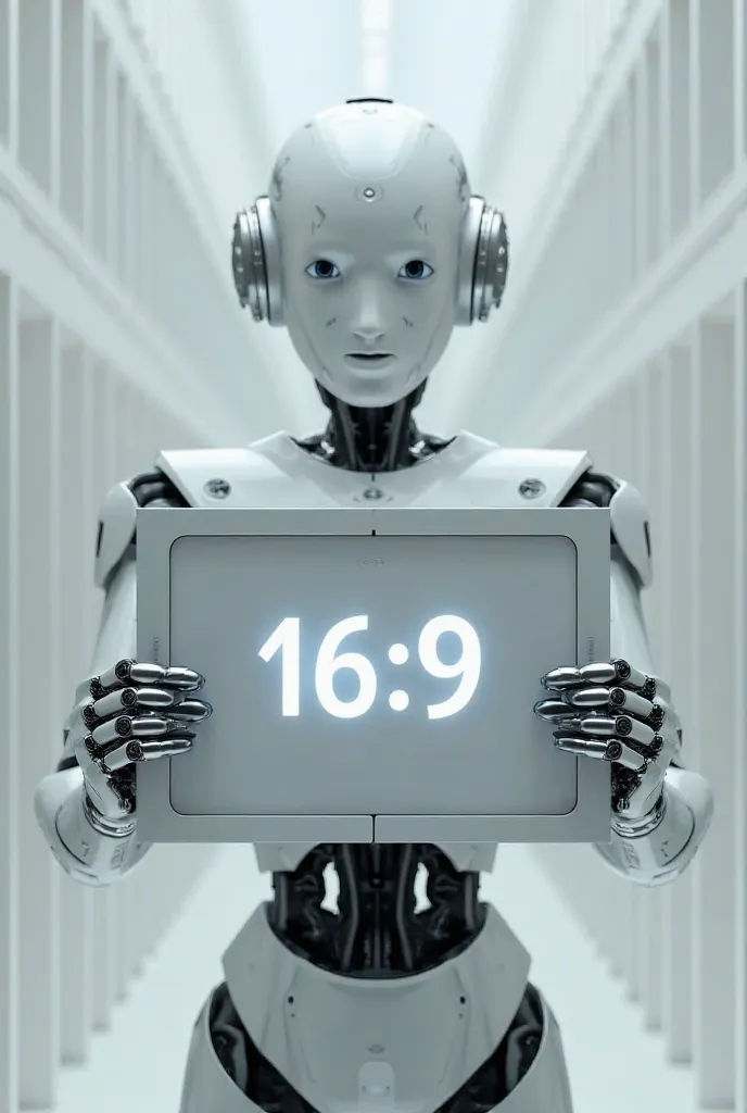 In the hands of robot given board on which written is translation picture and 16:9 ratio